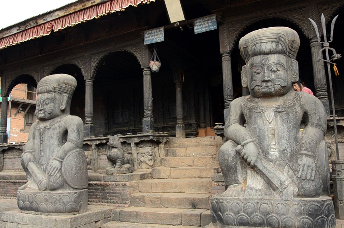 Kathmandu Bhaktapur 08-2 Rajut Wrestlers Jayamel and Phattu Guard Dattatreya Temple The Dattatreya Temple in Bhaktapur is guarded by legendary Rajput wrestlers Jayamel and Phattu.